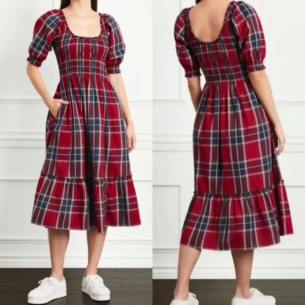 Hill House The Louisa Nap Dress Short Puff Sleeve in Red Tartan